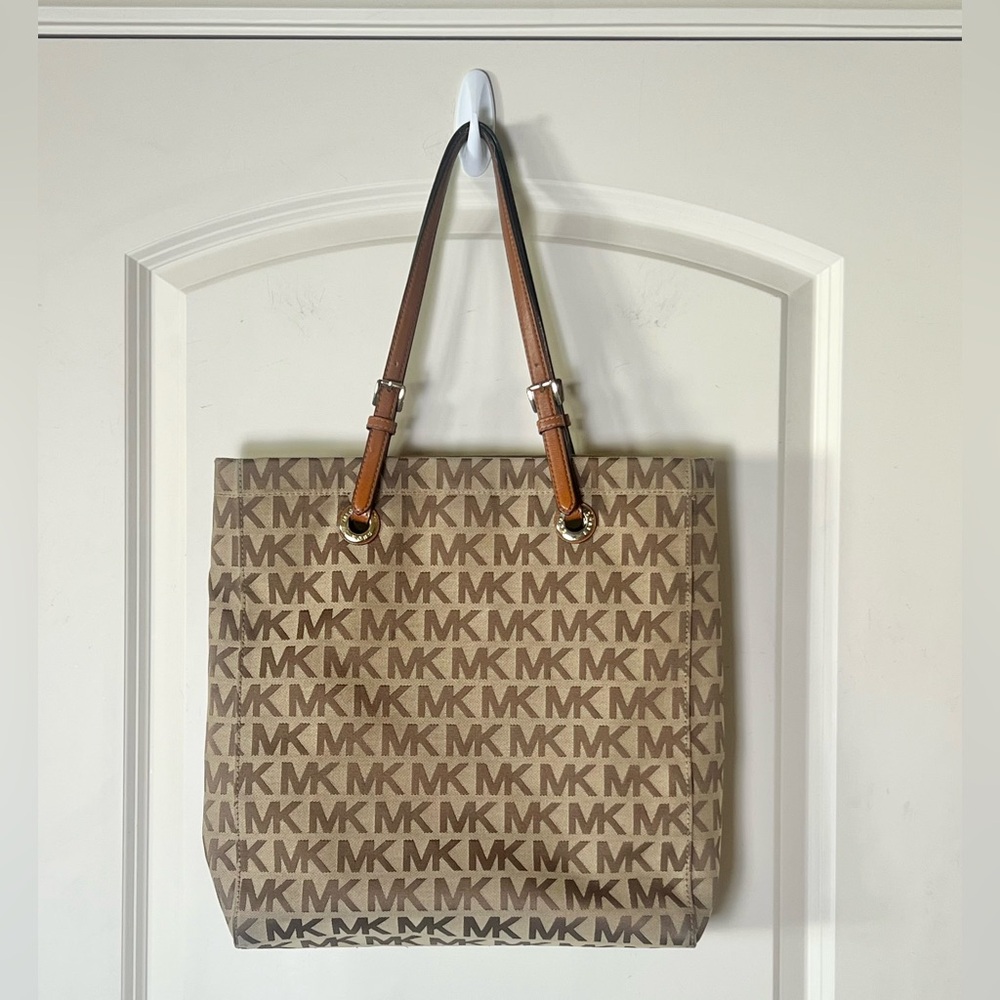 Michael Kors Jet Set North South Tote MK Monogram Jacquard & Leather